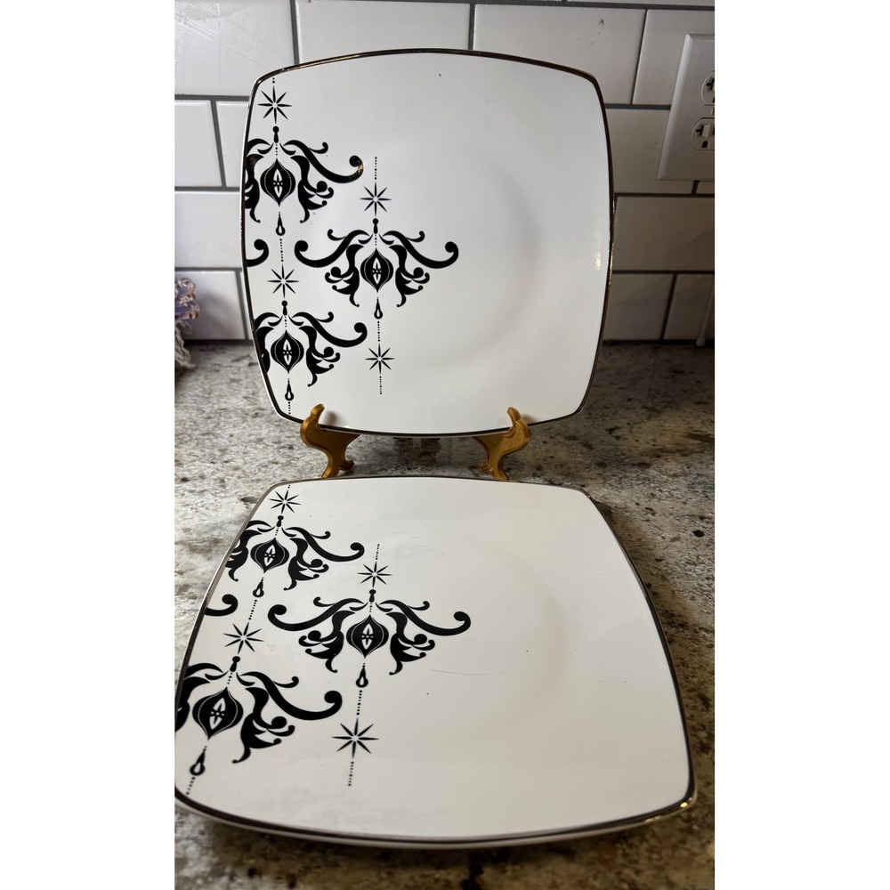 Target Holiday 08 Arctic Solstice Square Plates Set of 2 Black White Damask 10"